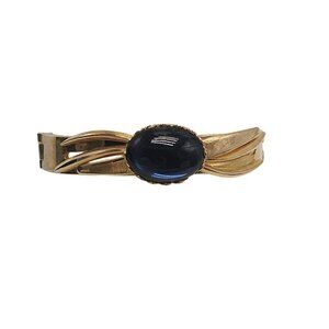 Vintage Gold Tone Hinged Bracelet With Blue Cabochon By Pcraft